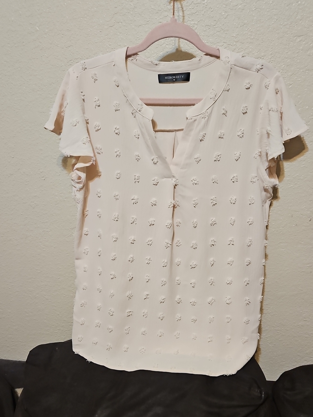 Cream Textured Flutter-Sleeve Blouse